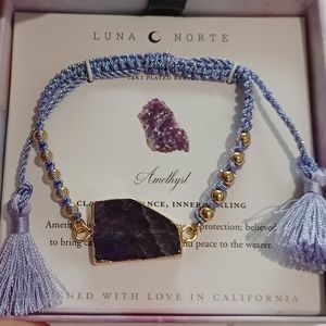 LUNA NORTE NATURAL AMETHYST GEMSTONES W/ TASSELS ADJUSTABLE STRING BRACELET